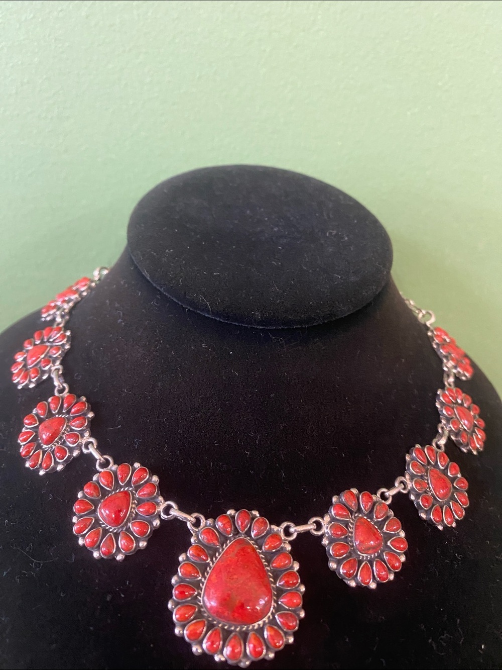 Red Stone Floral Link Necklace - Women Jewelry 925 silver - length 18 inches